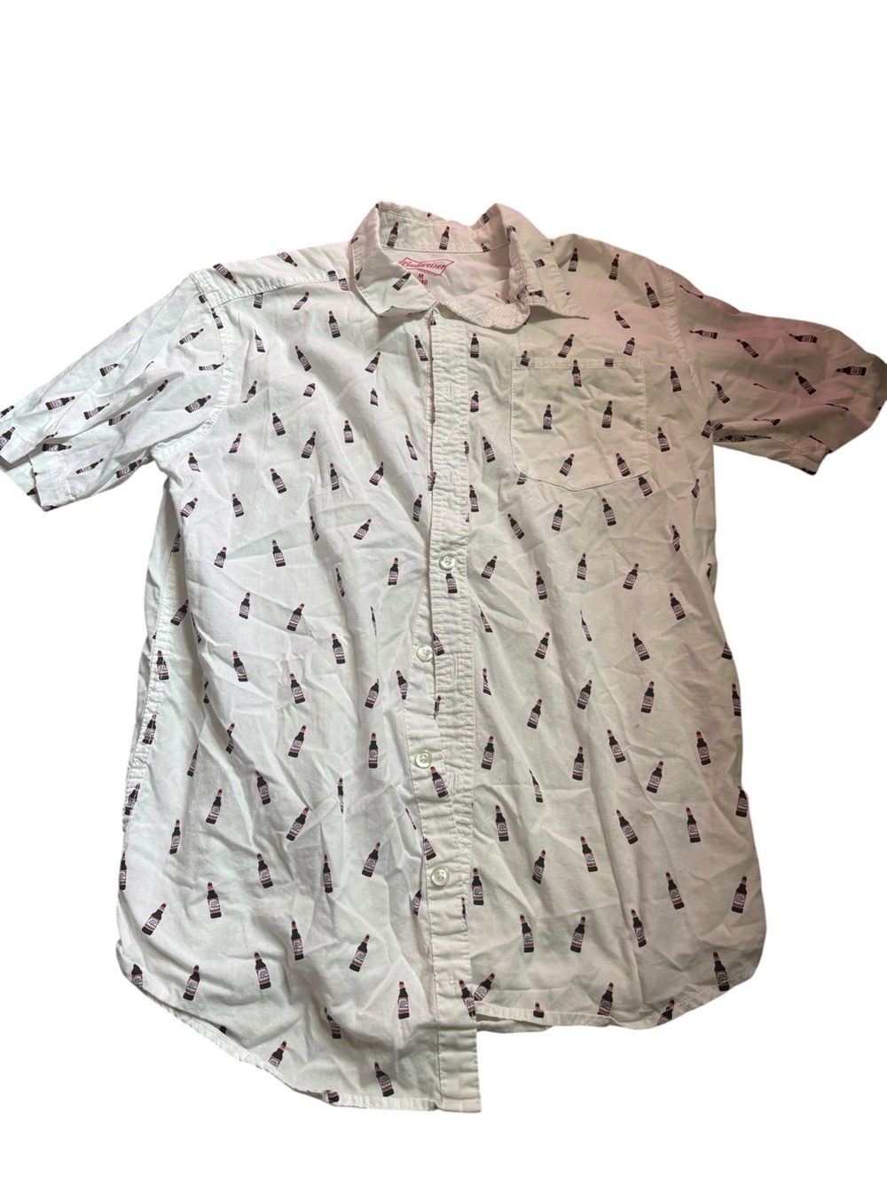 Casual Budweiser White Printed Short-Sleeve Button-Up Shirt